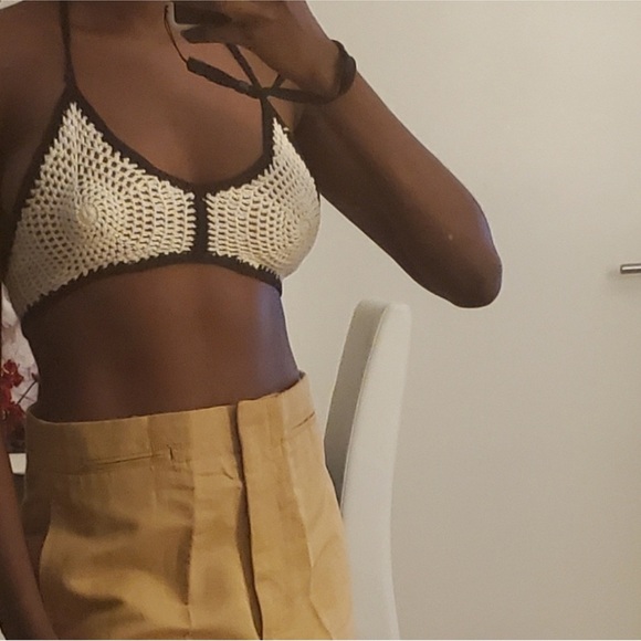Zara Crocheted Bohemian Boho Bralette black and Ivory Size Large Nwt - Picture 1 of 15
